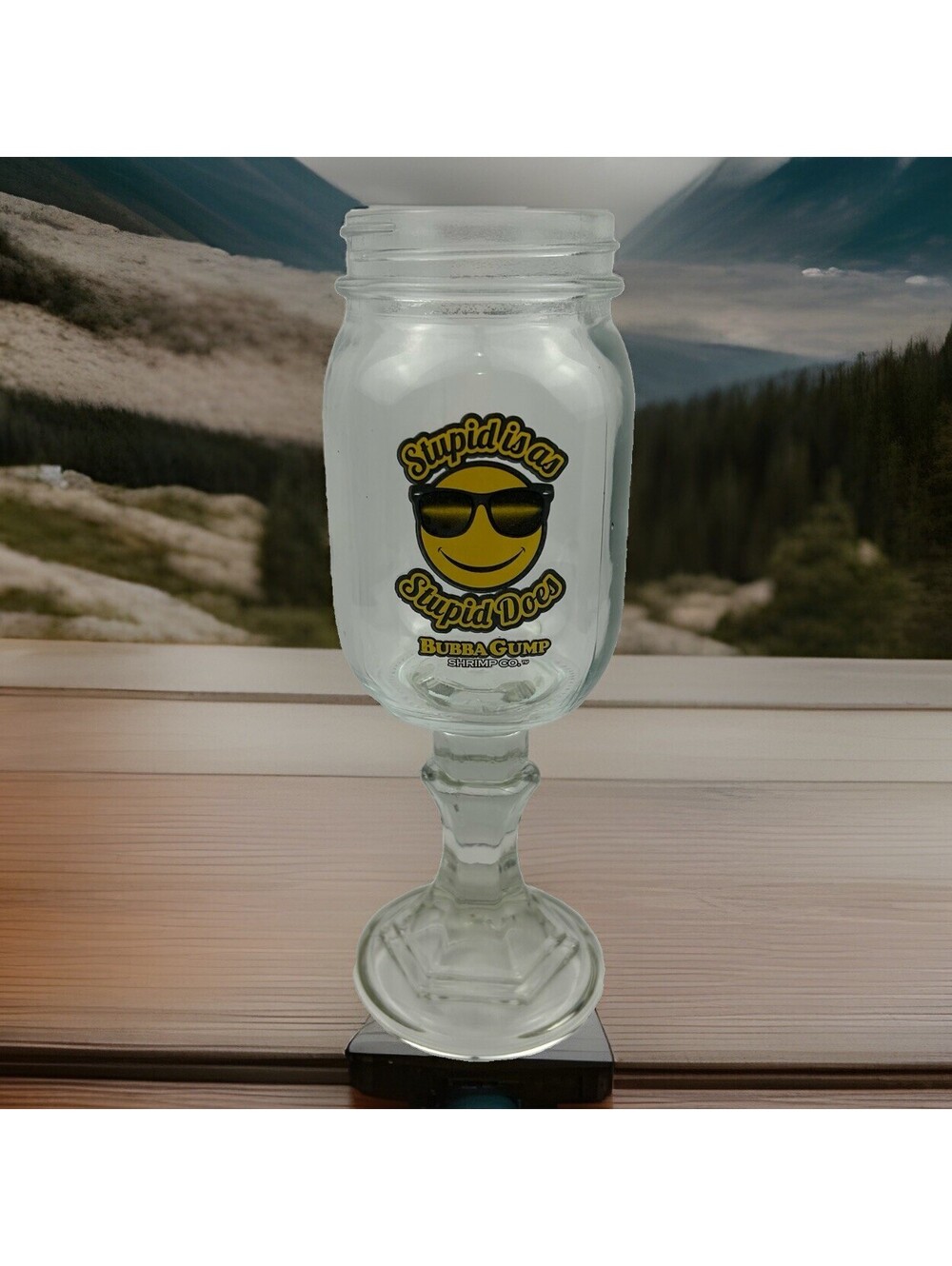 GLASS Bubba Gump Shrimp Stupid Is As Stupid Does SmileyFace MasonJar Pedestal LS